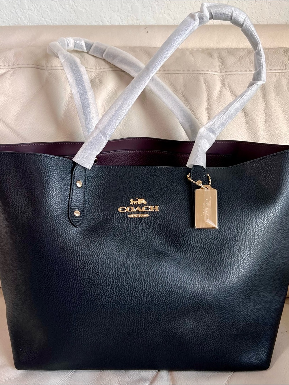 Coach Black Leather Town Tote with Burgundy Interior and Gold Hardware NWT